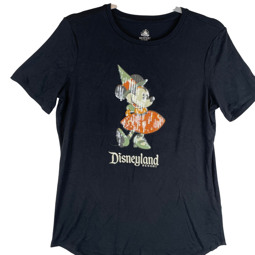 Disney Disneyland Resort Minnie Mouse Witch Sequin Halloween Shirt Black Small